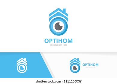 Vector eye and real estate logo combination. Optic and house symbol or icon. Unique vision and rent logotype design template.