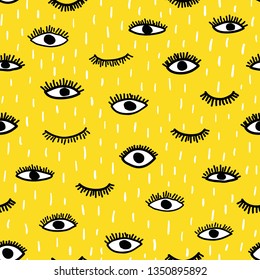 Vector eye seamless pattern. Repeating hand drawn open eyes and wink eyelash on yellow background.