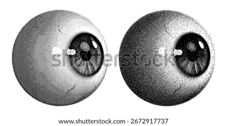 Vector eyeball illustration set with halftone dithering effect. Vintage print style