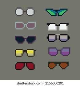 Vector eyeglass frame or sunglasses with pixelated glasses. Pixel art set of glasses and sunglasses. 8-bit pixel art vector, isolated on solid color background.