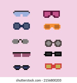 Vector eyeglass frame or sunglasses with pixelated glasses. Pixel art set of glasses and sunglasses. 8-bit pixel art vector, isolated on solid color background.