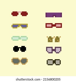 Vector eyeglass frame or sunglasses with pixelated glasses. Pixel art set of glasses and sunglasses. 8-bit pixel art vector, isolated on solid color background.