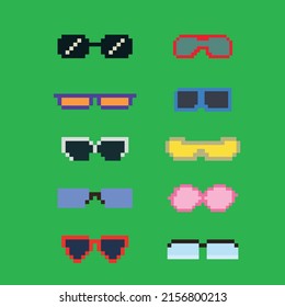 Vector eyeglass frame or sunglasses with pixelated glasses. Pixel art set of glasses and sunglasses. 8-bit pixel art vector, isolated on solid color background.