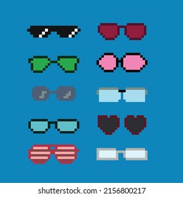 Vector eyeglass frame or sunglasses with pixelated glasses. Pixel art set of glasses and sunglasses. 8-bit pixel art vector, isolated on solid color background.