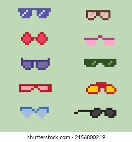 Vector eyeglass frame or sunglasses with pixelated glasses. Pixel art set of glasses and sunglasses. 8-bit pixel art vector, isolated on solid color background.