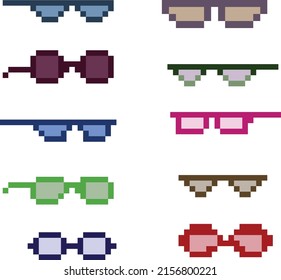 Vector eyeglass frame or sunglasses with pixelated glasses. Pixel art set of glasses and sunglasses. 8-bit pixel art vector, isolated on solid color background.