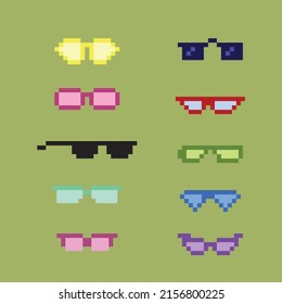 Vector eyeglass frame or sunglasses with pixelated glasses. Pixel art set of glasses and sunglasses. 8-bit pixel art vector, isolated on solid color background.