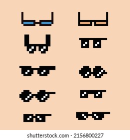 Vector eyeglass frame or sunglasses with pixelated glasses. Pixel art set of glasses and sunglasses. 8-bit pixel art vector, isolated on solid color background.