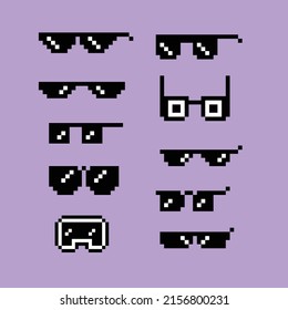 Vector eyeglass frame or sunglasses with pixelated glasses. Pixel art set of glasses and sunglasses. 8-bit pixel art vector, isolated on solid color background.