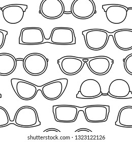 Vector Eyeglasses Seamless Pattern, Fashionable Trendy Hipster, Retro, Cat Eye, Aviator, Round, Geek Sunglasses. Man And Women Glasses Background For Textile, Wrapping Paper, Social Media, Shop, Ad