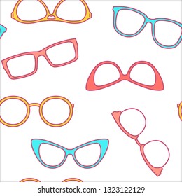 Vector eyeglasses seamless pattern, fashionable trendy hipster, retro, cat eye, aviator, round, geek sunglasses. Man and women glasses background for textile, wrapping paper, social media, shop, ad