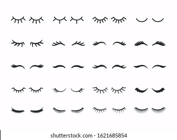 Vector  eyelashes. Mascara face makeup. Woman beauty Closed eyes. Different types of eyelash extensions.