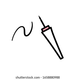 Vector eyeliner brush icon with black stroke, white and pink fill. Eyeliner brush leaves a black strokes on a white background