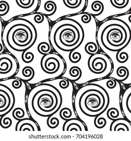 Vector eyes design seamless pattern.Fashionable modern stylish texture. Repeating geometric figures with anime eyes on a transparent  background.Happy Halloween background,card.