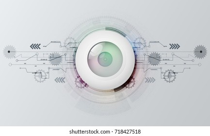 Fondo de tecnología futurista de ojos de Vector y rueda dentada blanca 3D en placa de circuito. Ingeniería de alta tecnología
