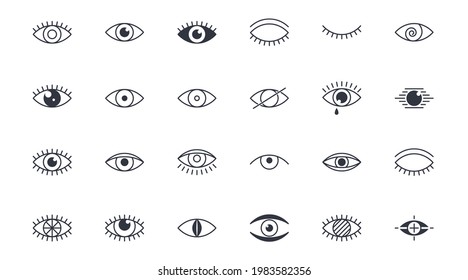 Vector Eyes icons. Editable stroke. Open closed eye with eyelashes with tears glare. Eyeball sleeping search supervision mystery. Stock illustration