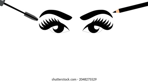 vector eyes with long eyelashes. flat image of an eye and a tube of mascara. mascara brush near the eye.