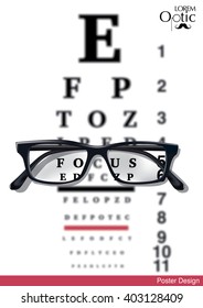 Vector Eyesight test chart with glasses close-up and logo optic shop on white background for poster or ad design. Reading eyeglasses and eye chart concept.