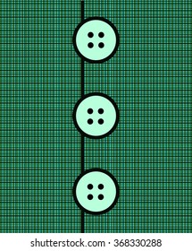 Vector fabric background, part of jacket with round buttons, green texture with threads.