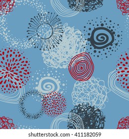 Vector fabric circles abstract seamless pattern background  with hand drawn elements