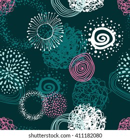 Vector fabric circles abstract seamless pattern background  with hand drawn elements