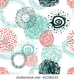 Vector fabric circles abstract seamless pattern background  with hand drawn elements