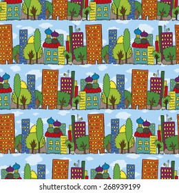 Vector fabric pattern, city houses seamless child's hand drawing illustration, town endless background. Skyscrapers and high-rises panorama, prospect