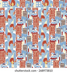 Vector fabric pattern, city houses seamless child's hand drawing illustration, town endless background. Skyscrapers and high-rises panorama, prospect