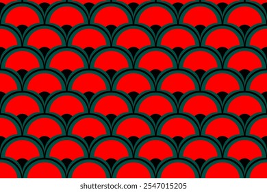 Vector fabric pattern scale mech or wave pattern Japanese or Chinese traditional seamless ethnic pattern with bold reds and greens that is a wallpaper template, background image, t-shirt pattern, tile