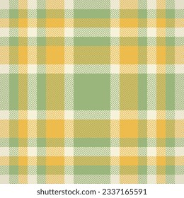 Vector fabric pattern of seamless check textile with a plaid background tartan texture in green and traditional gold colors.