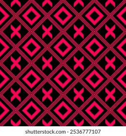 Vector fabric pattern that is a prototype of seamless ceramic tile that is a grid pattern with squares and x's in pink and black design for wallpaper. Background image, tile, fabric pattern.