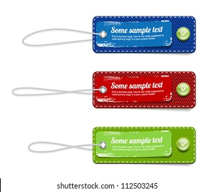 Vector fabric rectangular colorful  badges set with paper stickers, straps and glossy green buttons