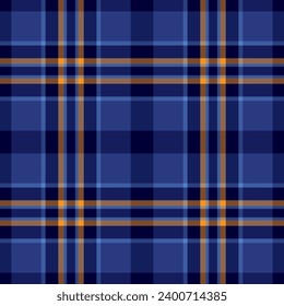 Vector fabric tartan of seamless check background with a pattern textile texture plaid in blue and orange colors.