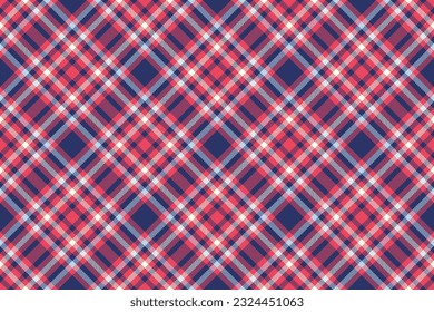 Tartán de tela vectorial de textura textil sin fisuras con un patrón de fondo de comprobación en colores rojo y azul.