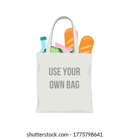 Vector fabric textile bag with food isolated on white background. Use your own bag concept