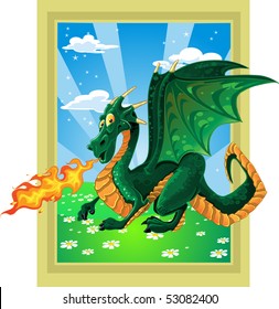 vector fabulous magical green fire-spitting dragon on fairytale landscape