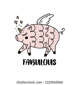 Vector fabulous pig girl unicorn art. Magical unipig. Poster and banner element, children's book illustration, postcard, gift card, print, sticker, label and other. Isolated on white background.