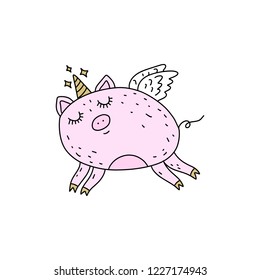 Vector fabulous pig girl unicorn art. Magical unipig. Poster and banner element, children's book illustration, postcard, gift card, print, sticker, label and other. Isolated on white background.