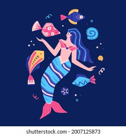 Vector fabulous underwater world. Colorful marine life. Cute hand-drawn mermaid, fish, shells. It can be used for baby clothes, stickers, T-shirts, swimwear, poster