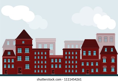 vector facade of buildings of houses of red color on a street in a city on a background of the sky with beautiful windows