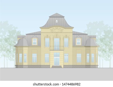 Vector facade of a historical building. Europian family villa form the beginning of the 20th century. Flat design, layered.