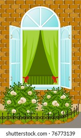 Vector facade of house with open window and flowerbed