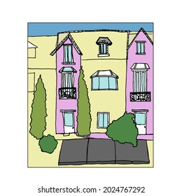 Fachada vectorial de una casa al estilo de los garabatos. Un boceto de una casa de dibujos animados en color.