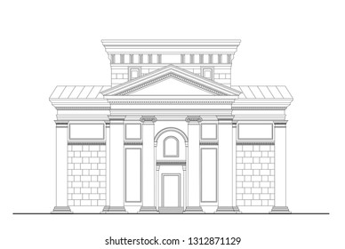 Vector facade of old house in classicism. Classic architecture style. Drawing of historical public building. Outline.