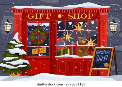 Vector facade of present shop or gift store for new year. Image for christmas celebration. Building for xmas sale with box and advent wreath. Winter trade and decoration. Holiday and festive market