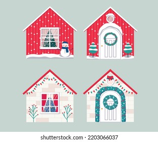 Vector facades of winter holiday decorated houses in minimalistic flat design