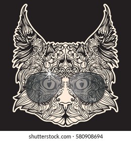 Vector face of cat with glasses. Black and white version. Isolated on black background.