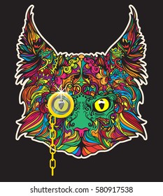 Vector face of cat with gold monocle. Illustration isolated on black background.