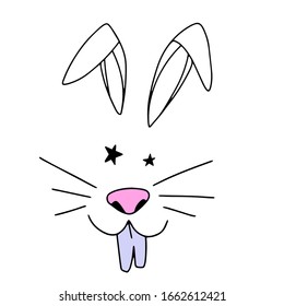 Vector face of a cheerful rabbit, with a mustache, ears, nose, teeth. For children's illustrations, cards, invitations, clothes, greetings, etc.
