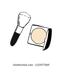 Vector Face Cosmetic Make up Powder Blusher in Black Round Case with Makeup Brush Applicator Top View. Make up collection for art. Perfect for logo, invitation, greeting card, poster